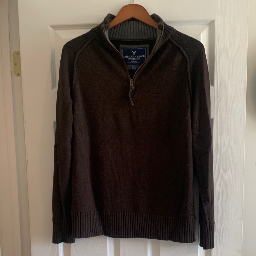 American Eagle Outfitters Men's Dark Brown Zip-Up Sweater